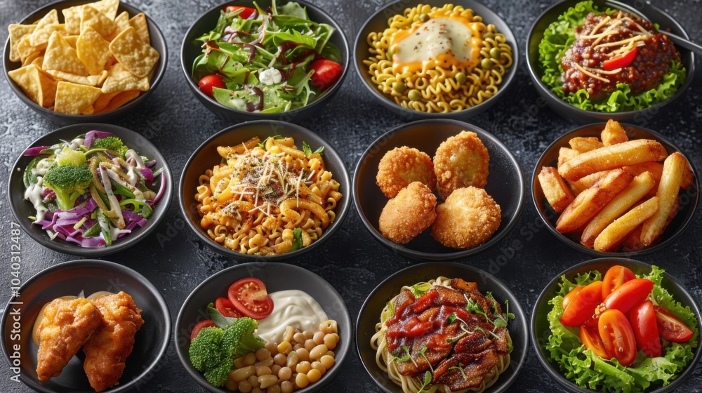 Assorted salads and snacks including fries salads chicken and nachos arranged in black bowls showcasing a colorful variety
Assorted salads and snacks including fries salads chicken and nachos arranged in black bowls showcasing a colorful variety