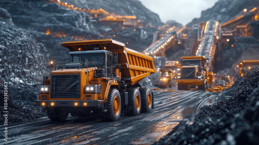 Heavy trucks are unloading ore in mining site, showcasing industrial process of ore extraction. scene is filled with machinery and rugged terrain, emphasizing scale of operations Heavy trucks are unloading ore in mining site, showcasing industrial process of ore extraction. scene is filled with machinery and rugged terrain, emphasizing scale of operations