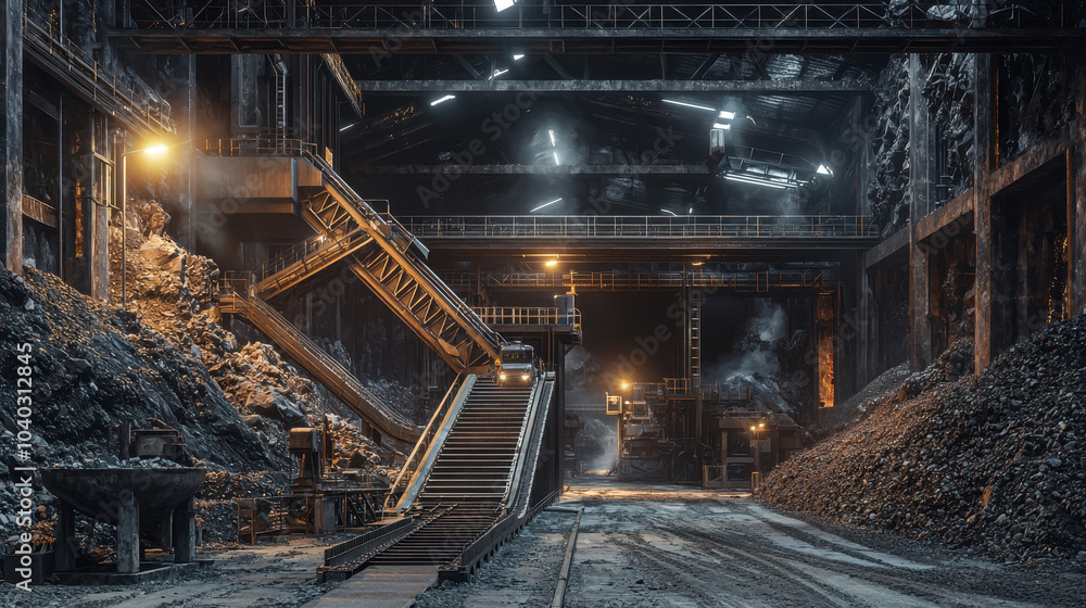 Industrial ore processing plant with conveyor belts and machinery, showcasing gritty and atmospheric environment. scene captures essence of heavy industry and mining operations Industrial ore processing plant with conveyor belts and machinery, showcasing gritty and atmospheric environment. scene captures essence of heavy industry and mining operations
