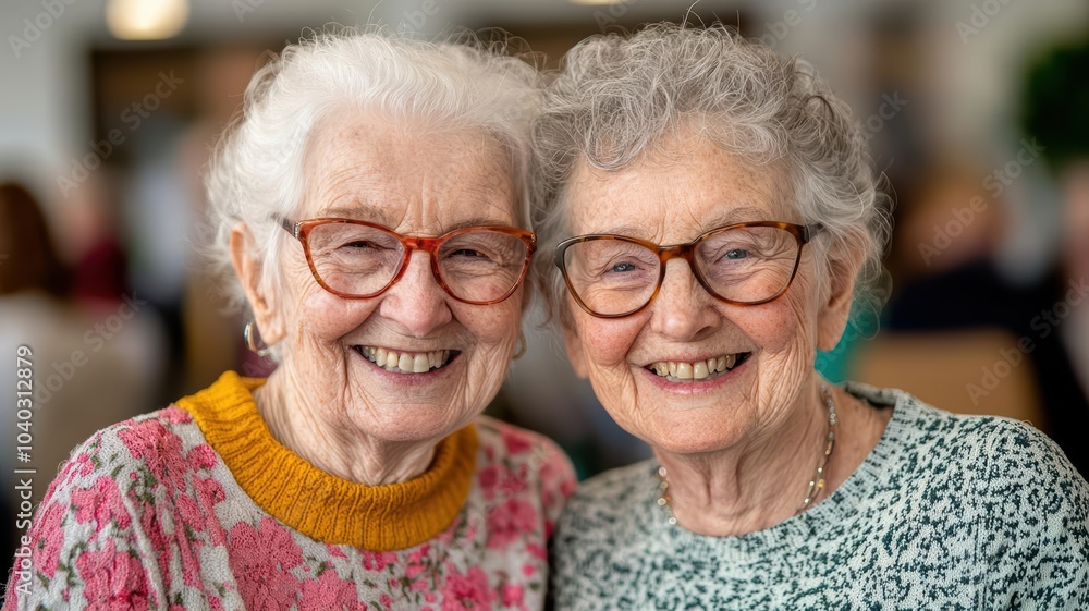 Elderly friends chatting at a community event, smiles and laughter, Silver Gen community, social connection and engagement Elderly friends chatting at a community event, smiles and laughter, Silver Gen community, social connection and engagement