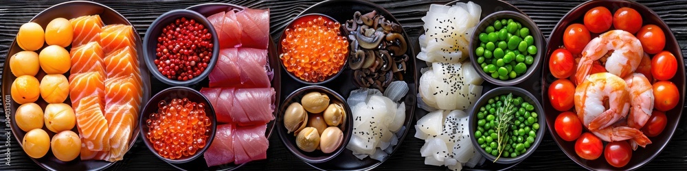 Assorted ingredients for sushi preparation including fish roe salmon peas onions and tomatoes displayed in separate bowls
Assorted ingredients for sushi preparation including fish roe salmon peas onions and tomatoes displayed in separate bowls