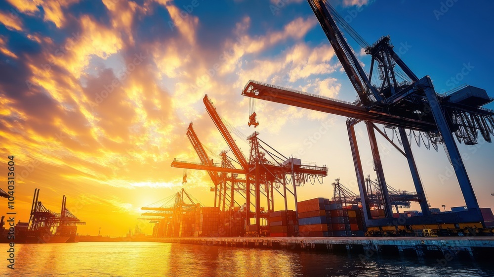 Fototapeta premium A contemporary shipping dock at sunrise, with cranes lifting containers amidst the early morning glow, symbolizing the optimism and prosperity of international commerce