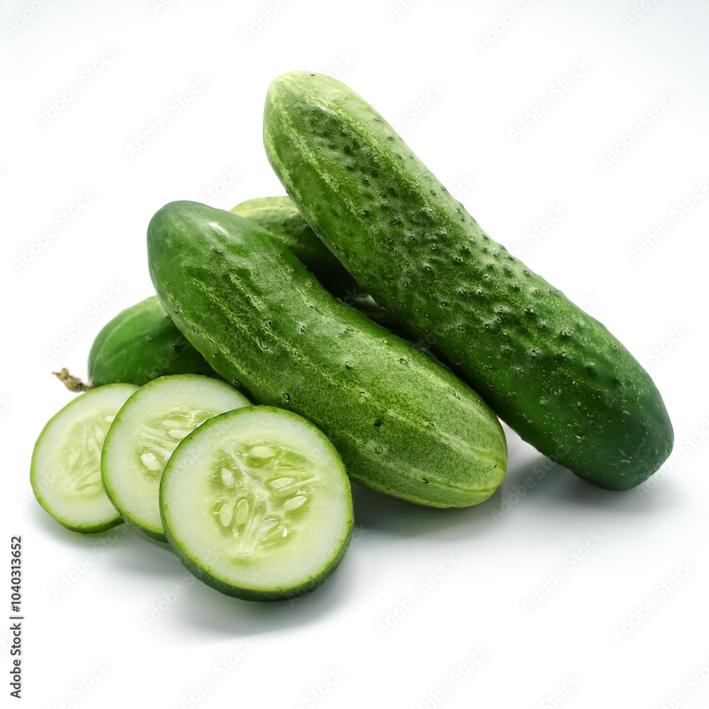 cucumber whole and sliced scattered around background concept isolated white cucumber whole and sliced scattered around background concept isolated white