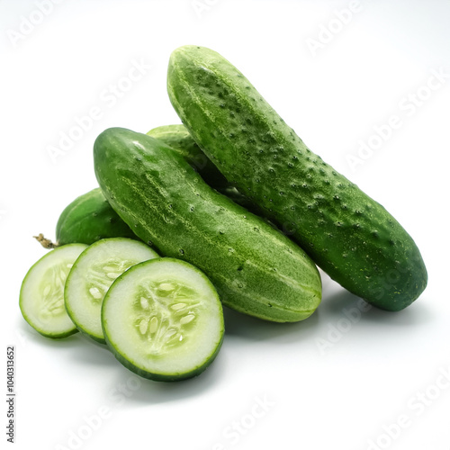 cucumber whole and sliced scattered around background concept isolated white