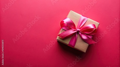 Wallpaper Mural Aerial view of gift box with pink ribbons on red background Torontodigital.ca