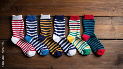 Four colorful pairs of striped socks are neatly laid out on a wooden surface, displaying a variety of patterns and vibrant hues against the rustic background. photo