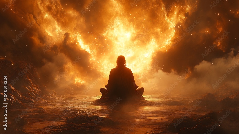 Enochs celestial meditation sitting serene cosmic environment divine light illuminating his figure spiritual energy flowing around him aura of enlightenment Enochs celestial meditation sitting serene cosmic environment divine light illuminating his figure spiritual energy flowing around him aura of enlightenment