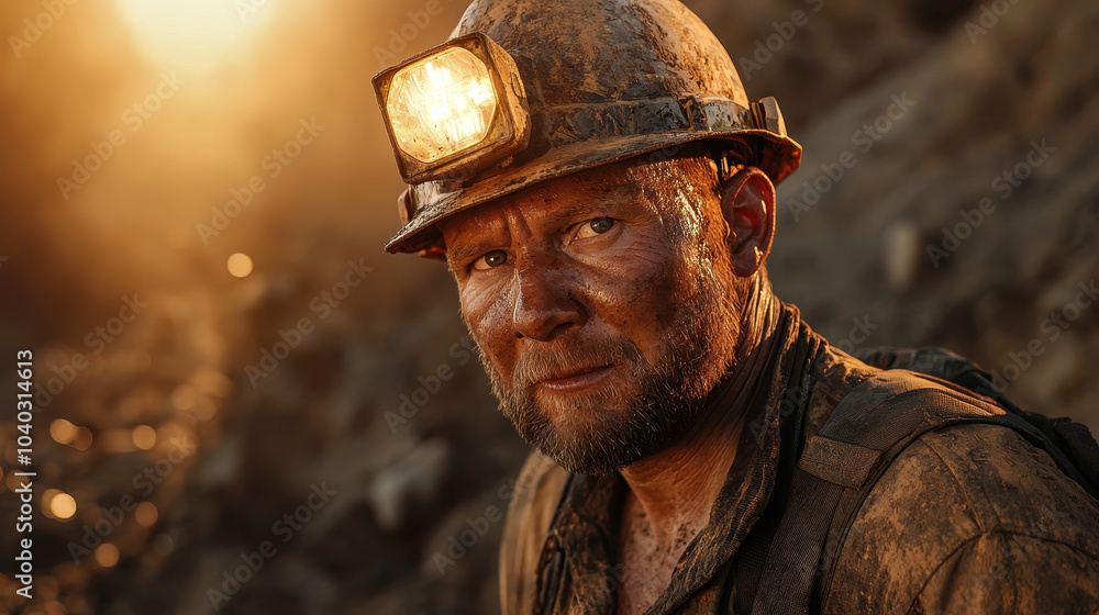 Fototapeta premium miner with headlamp adjusts his gear, showcasing determination and resilience in rugged environment. warm light highlights his weathered features and challenging conditions of his work
