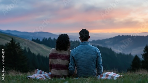 A couple sits together on a grassy hill, gazing at a colorful sunset over rolling hills and misty valleys.