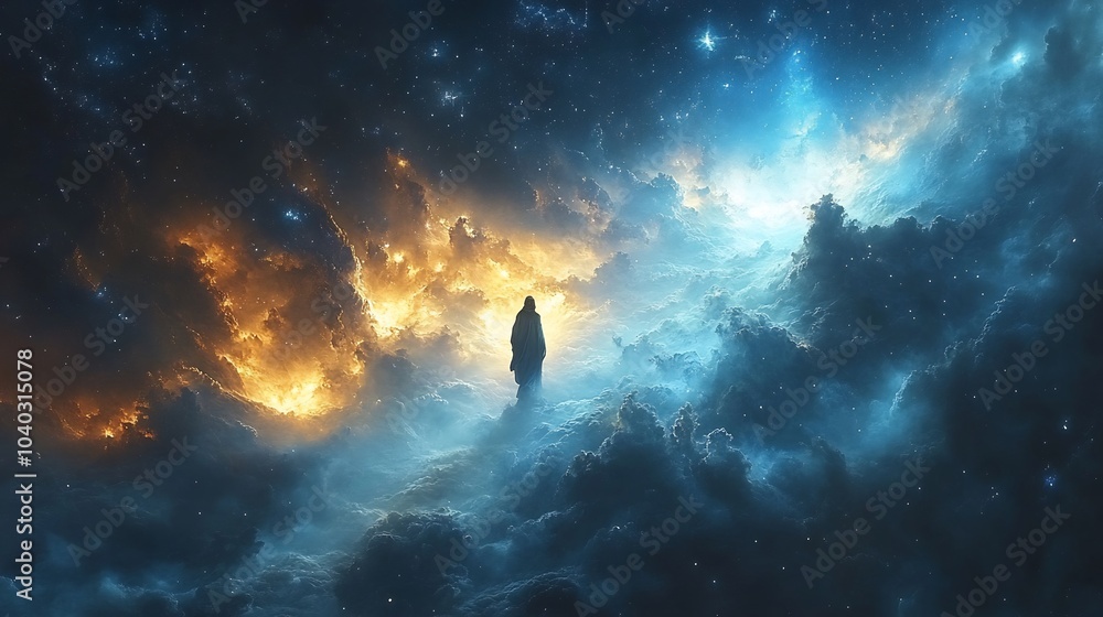 Enochs ascent into heavens traveling through cosmos surrounded by celestial light stars whirling around him mystical journey through different realms Enochs ascent into heavens traveling through cosmos surrounded by celestial light stars whirling around him mystical journey through different realms