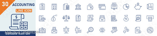 Accounting line icon set. Set of 30 outline icons related to accounting, financial calculation, savings, income, expenses, assets and others. Vector illustration.