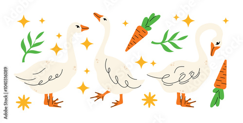 Set of geese in various poses. Cartoon vector illustration isolated on background. Farm animal design  adorable birds in different poses, funny characters