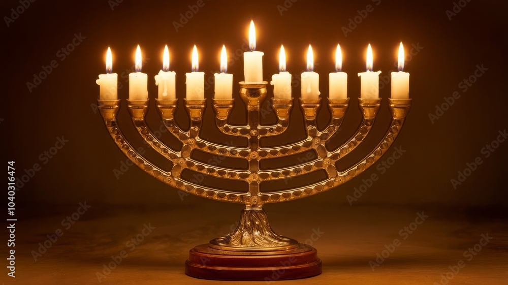 Menorah with lit candles, symbol of Hanukkah, elegant design, warm illumination Menorah with lit candles, symbol of Hanukkah, elegant design, warm illumination