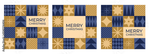 Set of Christmas greeting cards with blue and golden geometric elements. Flat style. Template for winter holidays design. Vector illustration