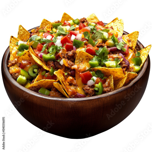 Delicious Beef Nachos in Wooden Bowl Isolated on White Background, Nachos, Mexican Food,  Appetizer, Snack photo