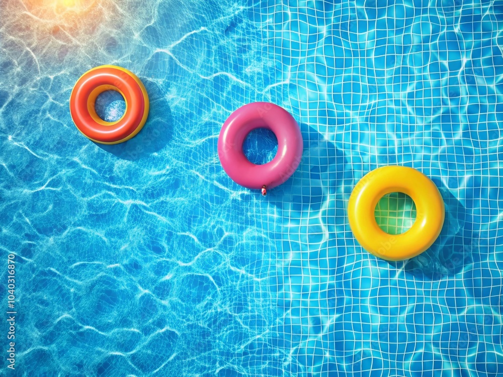 Top View of a Swimming Pool with Floating Rubber Rings and Rafts in a Colorful Flat Style Illustration Top View of a Swimming Pool with Floating Rubber Rings and Rafts in a Colorful Flat Style Illustration