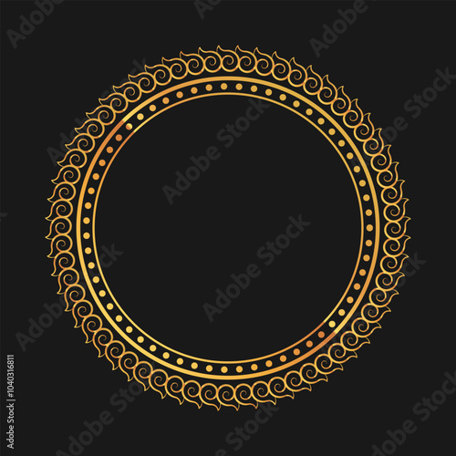 Elegant golden round ornamental frame with intricate swirl patterns on bla