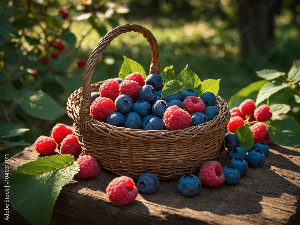 Wicker basket filled with fresh, ripe berries including strawberries, blueberries, and raspberries. Basket placed on wooden surface outdoors, with blurred green foliage background