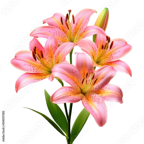 Pink Lily Bouquet with Green Leaves Isolated on White Background, flower , lily , floral , bouquet