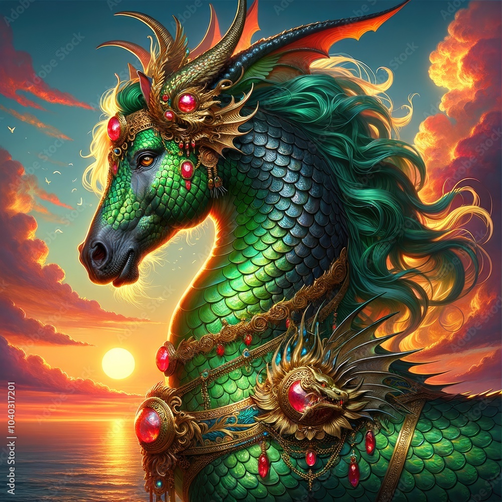 Majestic Mythical Horse-Dragon Hybrid: A Divine Creature with Emerald Scales and Flowing White Mane, Adorned in Golden Ornaments, Set Against a Glowing Sunset