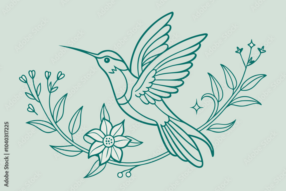 Fototapeta premium Line Art Hummingbird with Flowers vector illustration