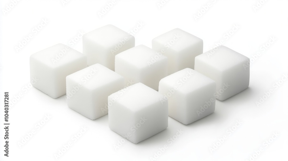 White sugar cubes arranged neatly, pristine and uniform, isolated on a clean white surface, evoking a sense of simplicity and sweetness in a minimalist style. White sugar cubes arranged neatly, pristine and uniform, isolated on a clean white surface, evoking a sense of simplicity and sweetness in a minimalist style.
