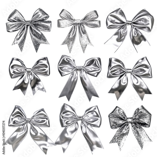 Set of Nine Silver Bows Isolated on White Background, silver ribbon, decorative bow, gift bow, bow clipart photo