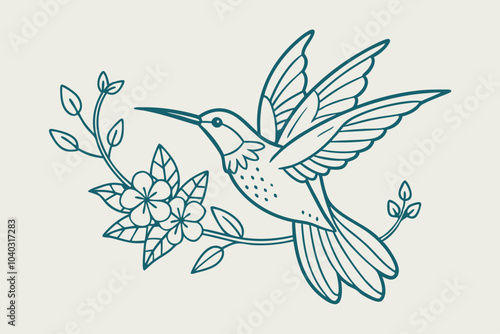 Line Art Hummingbird with Flowers vector illustration