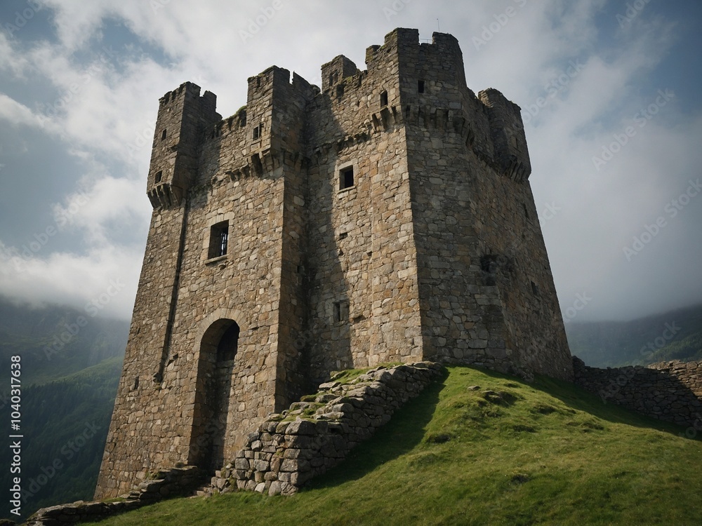 Medieval stone castle with tall towers and battlements, standing on grassy hill against cloudy sky Medieval stone castle with tall towers and battlements, standing on grassy hill against cloudy sky