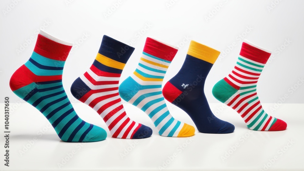 Colorful socks are neatly arranged in a row, featuring vibrant hues and various stripe patterns, showcasing a playful and creative design style. Colorful socks are neatly arranged in a row, featuring vibrant hues and various stripe patterns, showcasing a playful and creative design style.