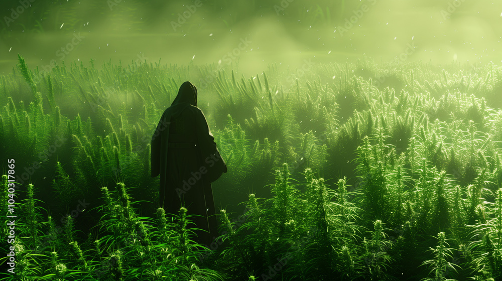 A hooded figure stands in a lush green field of tall plants under a mysterious greenish light, evoking a sense of solitude and fantasy A hooded figure stands in a lush green field of tall plants under a mysterious greenish light, evoking a sense of solitude and fantasy