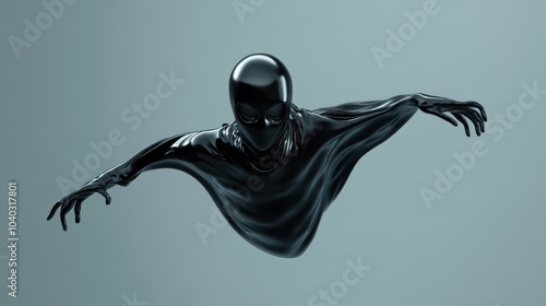 Malevolent Black Ghostly Figure Suspended in Air - 3D Illustration of Sinister Floating Apparition