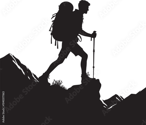 Mountain trekking person silhouette vector illustration isolated on a white background