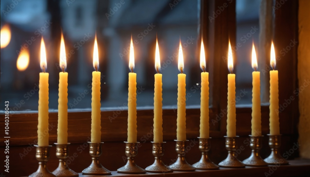 Lit yellow candles in brass holders by the window, warm ambiance, serene atmosphere, copy space Lit yellow candles in brass holders by the window, warm ambiance, serene atmosphere, copy space