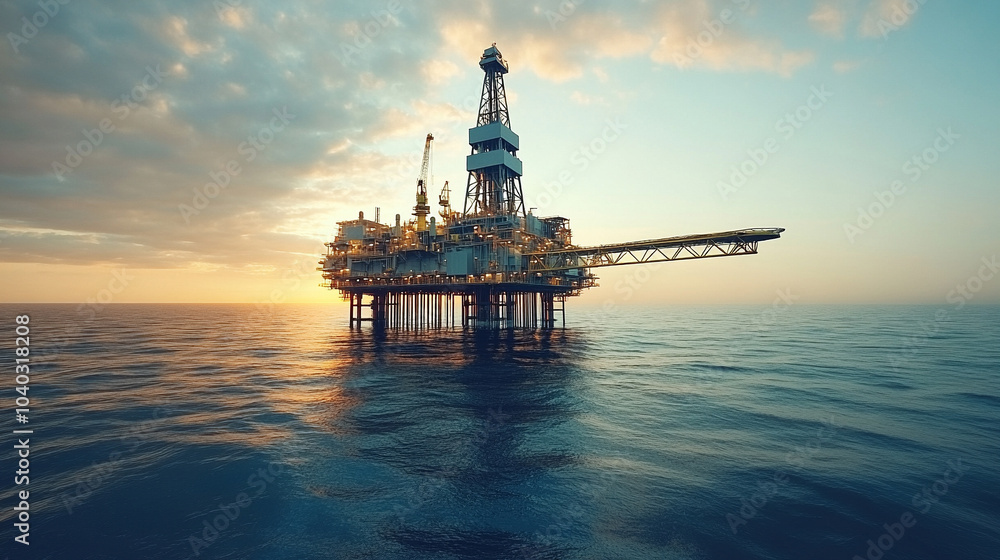 offshore oil rig stands tall in the middle of the ocean, framed by a stunning sky. The rig symbolizes energy extraction, industrial power, and human resilience against nature's vast expanse offshore oil rig stands tall in the middle of the ocean, framed by a stunning sky. The rig symbolizes energy extraction, industrial power, and human resilience against nature's vast expanse