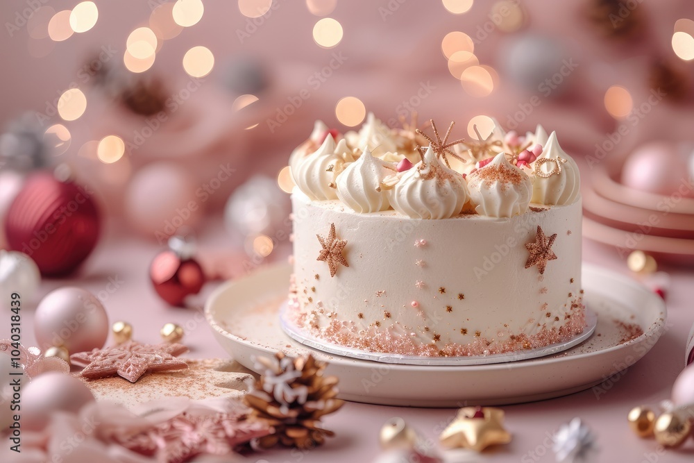 White cream cake on pink background. Festive cake on a New Year's background. Desserts