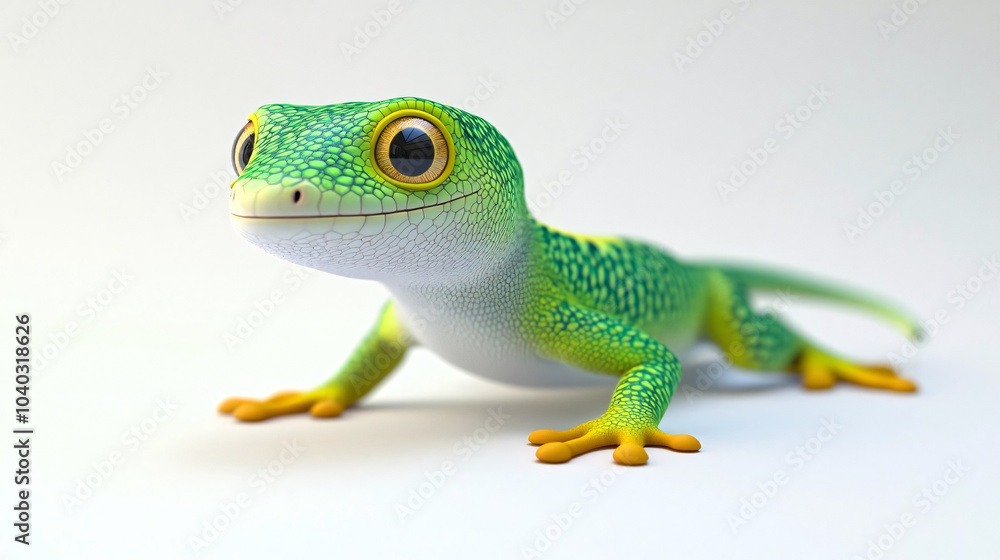 A vibrant green gecko with large, expressive eyes, standing in a curious pose against a clean, white background, showcasing its detailed scales and playful demeanor A vibrant green gecko with large, expressive eyes, standing in a curious pose against a clean, white background, showcasing its detailed scales and playful demeanor