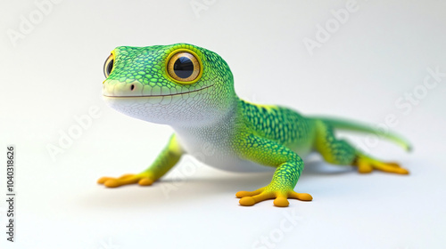 A vibrant green gecko with large, expressive eyes, standing in a curious pose against a clean, white background, showcasing its detailed scales and playful demeanor