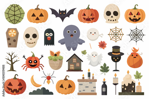 cute Halloween element Icons collection with pumpkins and ghosts