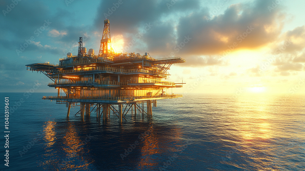 offshore oil rig stands tall in the middle of the ocean, framed by a stunning sky. The rig symbolizes energy extraction, industrial power, and human resilience against nature's vast expanse offshore oil rig stands tall in the middle of the ocean, framed by a stunning sky. The rig symbolizes energy extraction, industrial power, and human resilience against nature's vast expanse