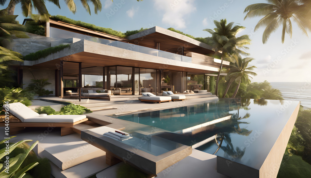 Fototapeta premium Luxurious Tropical Villa with Infinity Pool and Open-Air Design