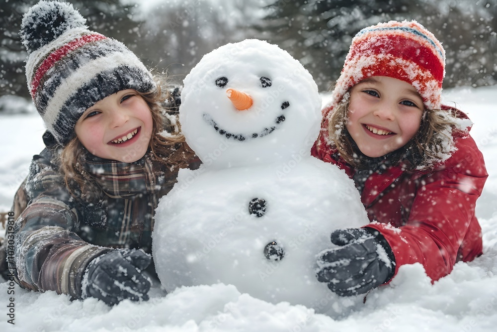 playful smiling children playing outdoors in the snow and making snowman in the cold winter playful smiling children playing outdoors in the snow and making snowman in the cold winter