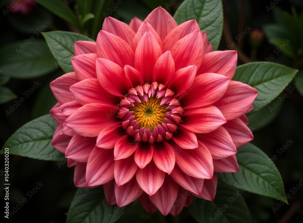 Close-up of pink dahlia flower with green leaves on dark background Close-up of pink dahlia flower with green leaves on dark background