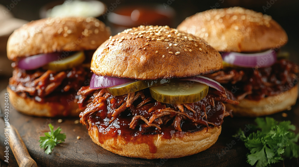 pulled pork sandwiches with BBQ sauce, served on toasted buns. Juicy pork is topped with coleslaw and pickles, surrounded by rustic tableware, capturing the essence of comfort food and backyard BBQs pulled pork sandwiches with BBQ sauce, served on toasted buns. Juicy pork is topped with coleslaw and pickles, surrounded by rustic tableware, capturing the essence of comfort food and backyard BBQs
