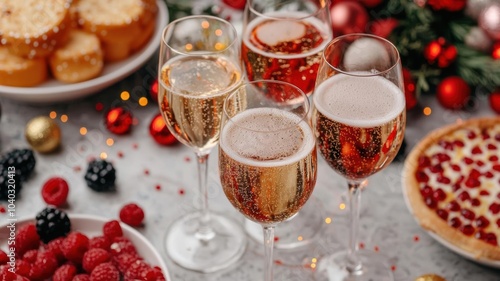 Champagne toasts at a New Year s party, lively crowd, festive drinks, celebration moments, joy and laughter