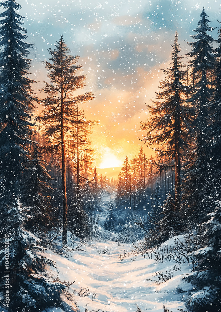 Winter card. Winter snowy forest at sunrise or sunset. The coming of winter Winter card. Winter snowy forest at sunrise or sunset. The coming of winter