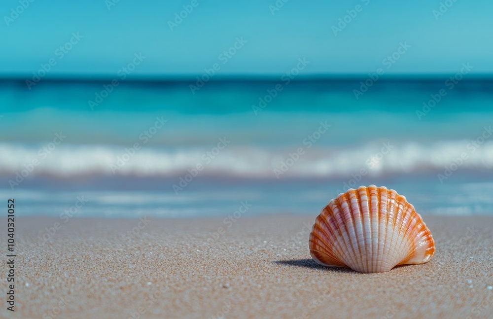 A beautiful beach scene with a clear blue sky and turquoise water, orange pink seashell lying flat in close-up. A beautiful beach scene with a clear blue sky and turquoise water, orange pink seashell lying flat in close-up.