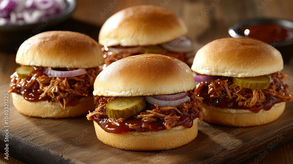 pulled pork sandwiches with BBQ sauce, served on toasted buns. Juicy pork is topped with coleslaw and pickles, surrounded by rustic tableware, capturing the essence of comfort food and backyard BBQs pulled pork sandwiches with BBQ sauce, served on toasted buns. Juicy pork is topped with coleslaw and pickles, surrounded by rustic tableware, capturing the essence of comfort food and backyard BBQs