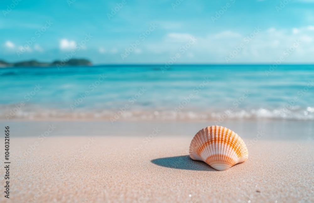 A beautiful beach scene with a clear blue sky and turquoise water, orange pink seashell lying flat in close-up. A beautiful beach scene with a clear blue sky and turquoise water, orange pink seashell lying flat in close-up.