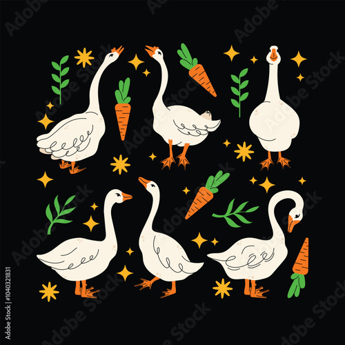 Set of geese in various poses. Cartoon vector illustration isolated on background. Farm animal design  adorable birds in different poses, funny characters